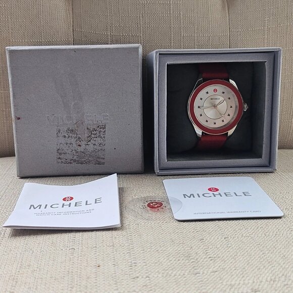 Michele Ladies Wristwatch Red Rubber Strap Analog Quartz 11 GEM Stones Watch - Picture 2 of 12